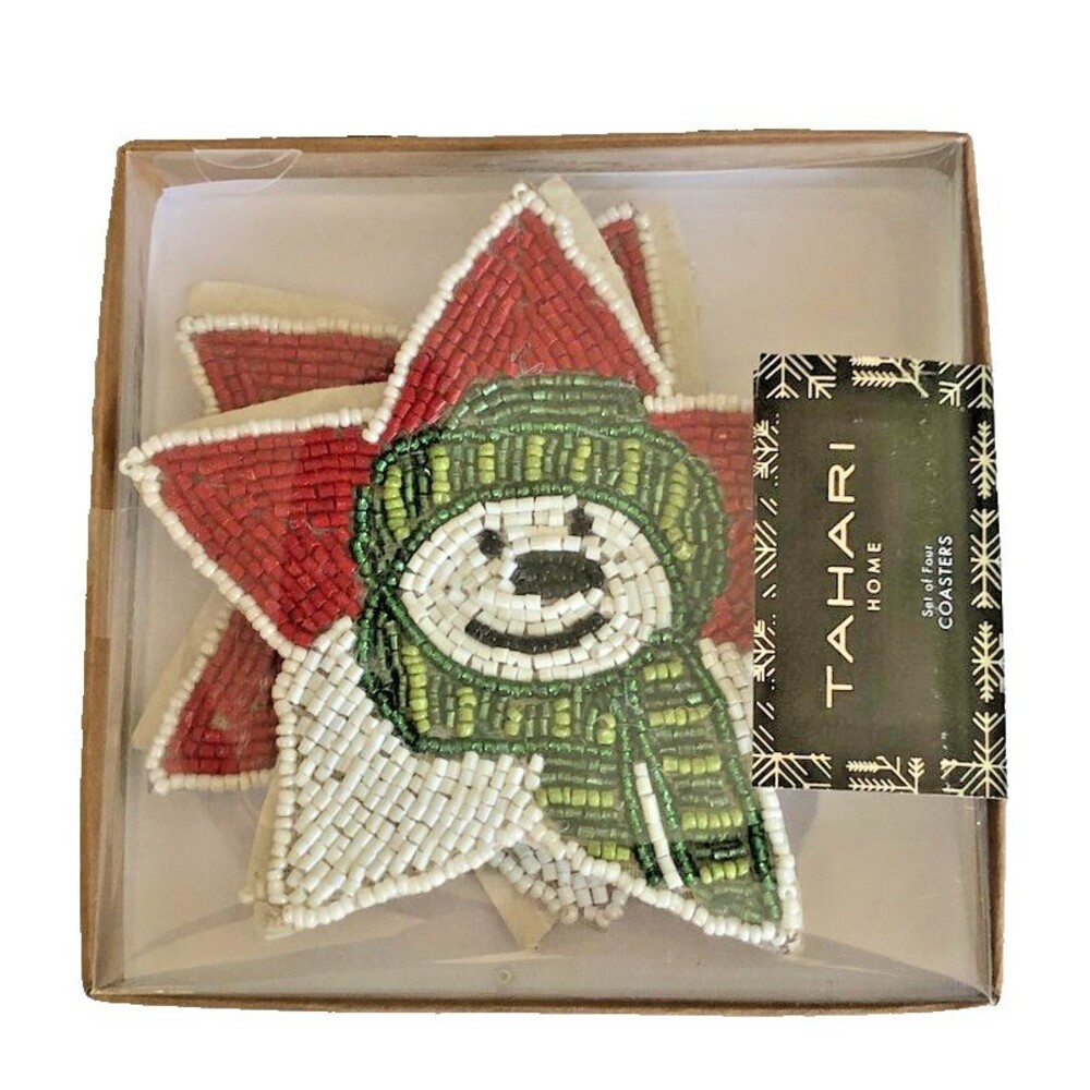 Tahari Christmas Beaded Drink Coasters Holiday Winter Snowman on a Star Set of 4